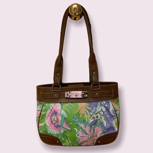 Chaps Medium Satchel, Fabric with Brown Vegan Leather Trim